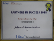 Recognition certificate from Infosys for Advanced Partner Institute
